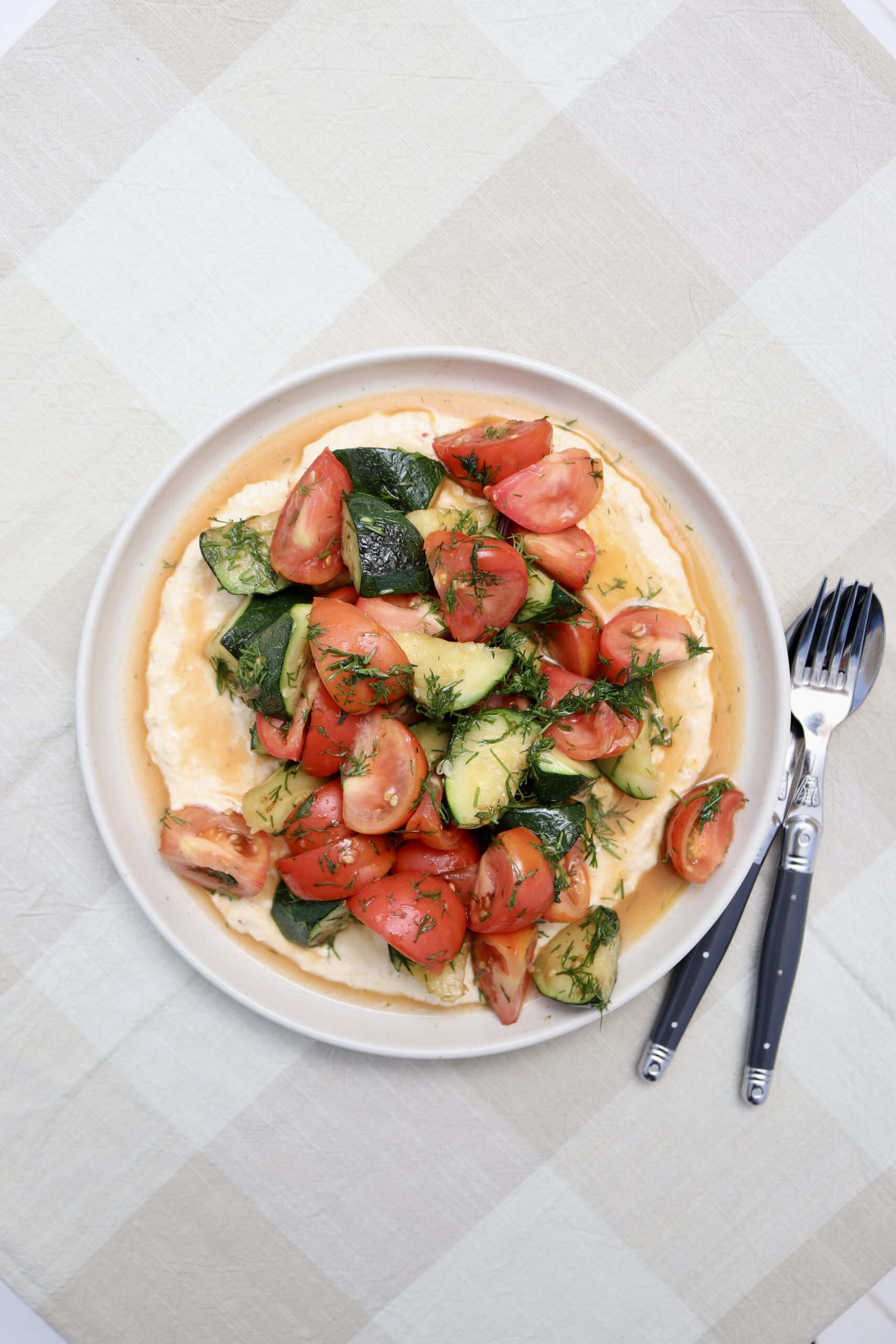 ZUCCHINI & TOMATOES ON A BED OF CREAMY CORN